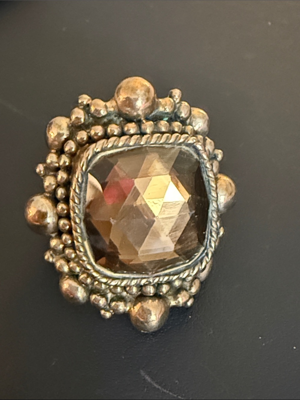Stephen Dweck   Antique-Inspired Etched Brass Statement Ring - Smokey Stone